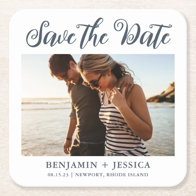 Simple Photo Wedding Blue and White Save the Date Square Paper Coaster (Front)
