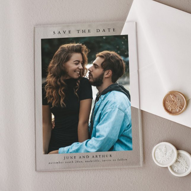 Simple Photo Wedding Save the Date Acrylic Invitations (Simple acrylic photo wedding save the  date card.)
