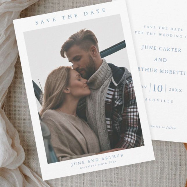 Simple Photo Wedding Save the Date Invitation (Simple dusty blue photo wedding save the date cards.)