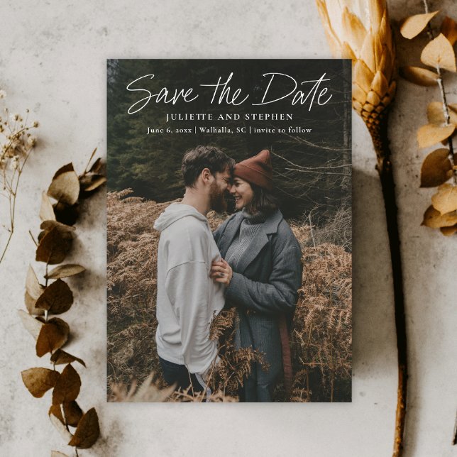  Simple Photo Wedding Save the Date Magnet (Modern photo wedding save the date magnetic card with handwritten script overlay typography.)