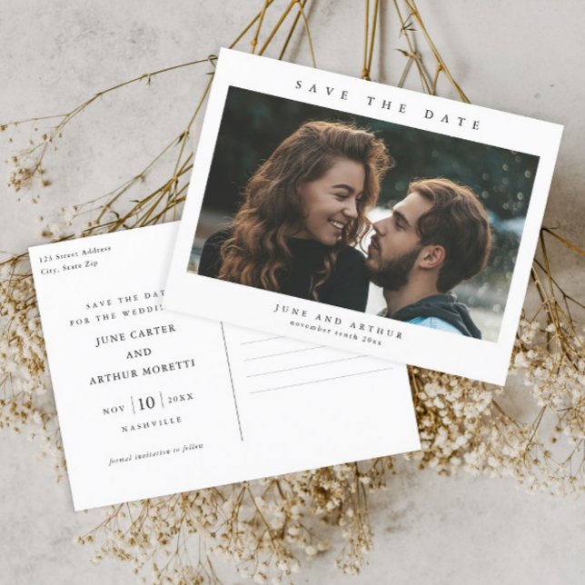 Simple Photo Wedding Save the Date Postcard (Simple typographic photo wedding save the date postcard.)