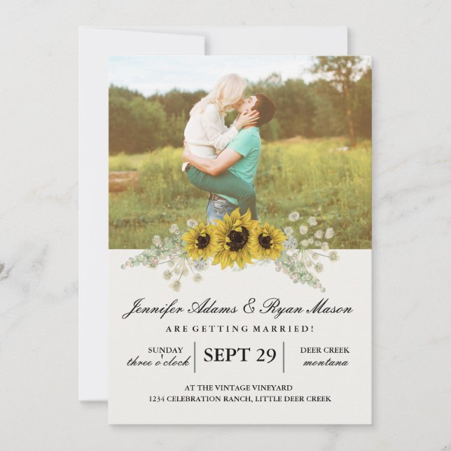 Simple Photo Wedding Sunflowers Invitation (Front)