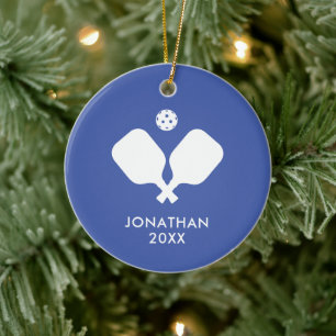 Simple Pickleball Paddles Blue White Personalized Ceramic Tree Decoration