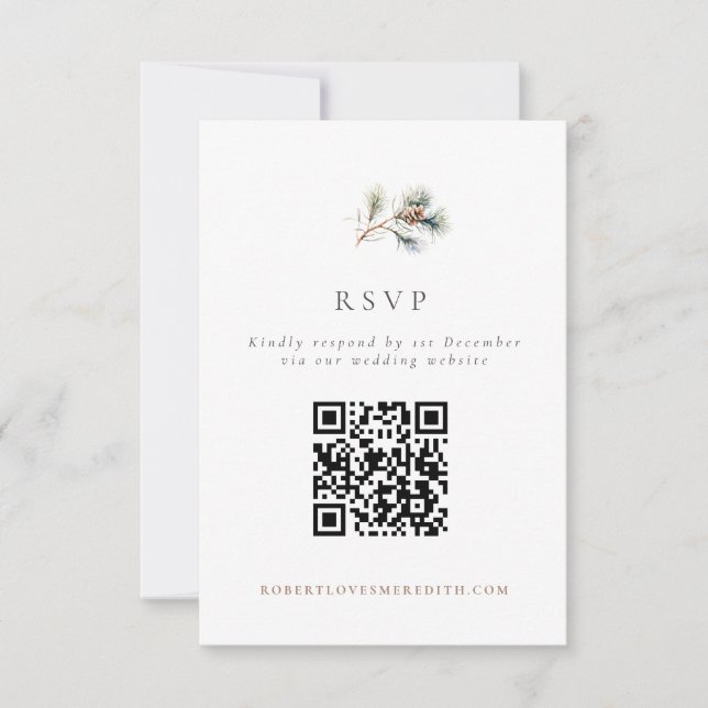 Simple Pine Branch Winter Wedding QR Code RSVP Card (Front)