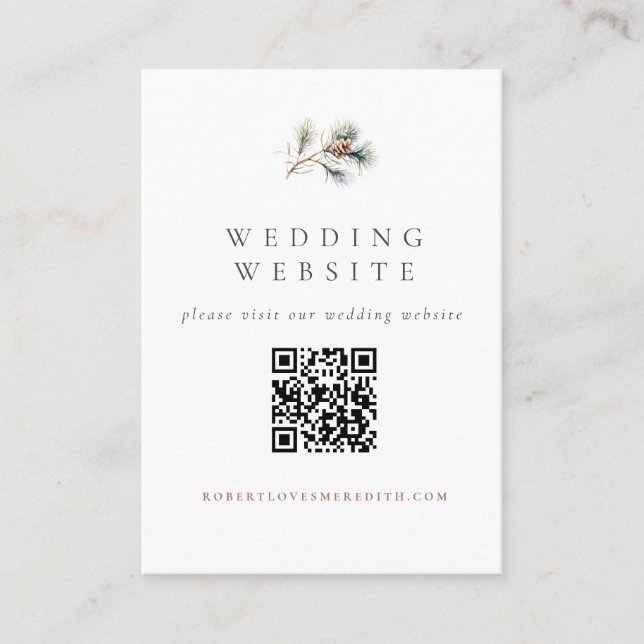 Simple Pine Branch Winter Wedding Website QR Code Enclosure Card (Front)