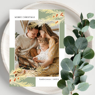 Simple Pine Branches Gold &  Green Photo Christmas Holiday Card