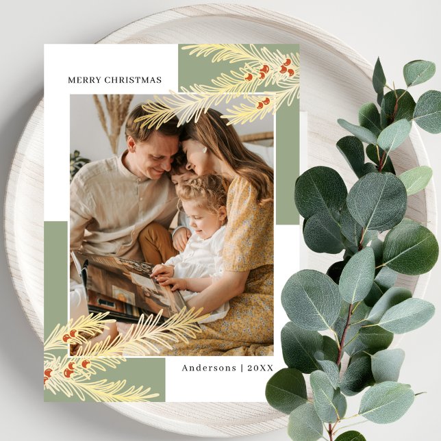 Simple Pine Branches Gold &  Green Photo Christmas Holiday Card (Creator Uploaded)