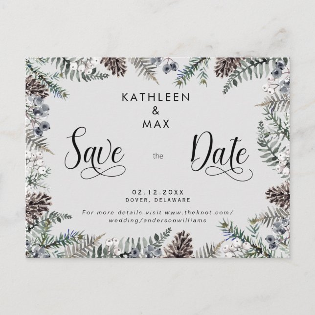 Simple Pine Cones Wedding Website Save the Date Announcement Postcard (Front)