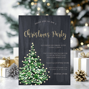 Simple Pine Tree,Gold Christmas Invitation