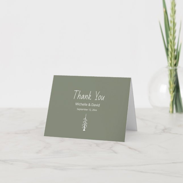 Simple Pine Tree Sage Green Modern Casual Wedding  Thank You Card (Front)