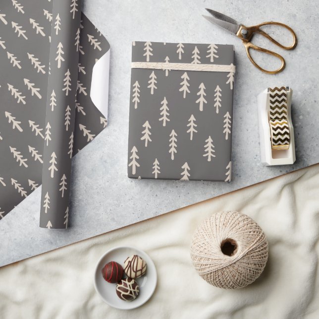 Simple Pine Tree Winter Forest in Beige on Grey Wrapping Paper (Crafts)