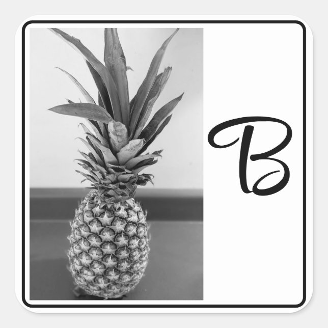 Simple Pineapple Photo Single Initial BW Print Square Sticker (Front)
