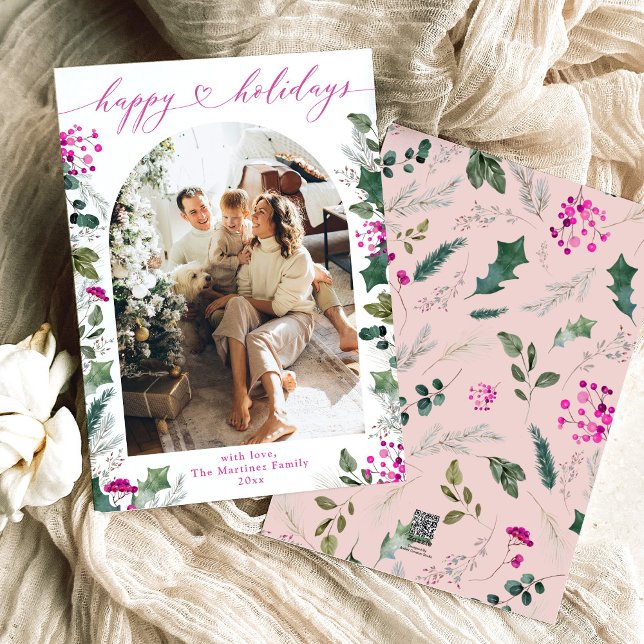 Simple & Pink 1 Family Photo Arch Christmas  Holiday Card (Creator Uploaded)