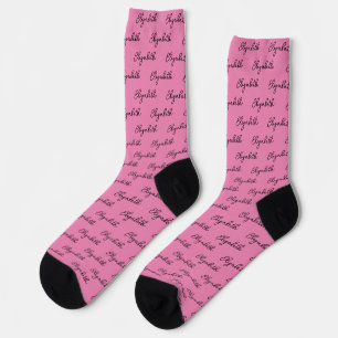 Simple Pink and Black Cursive Script Name Pattern Socks