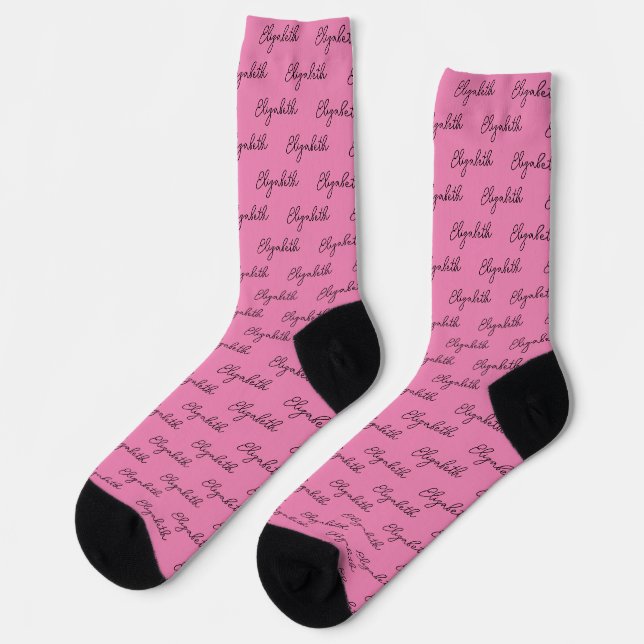 Simple Pink and Black Cursive Script Name Pattern Socks (Left)