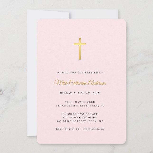 Simple Pink and Faux gold Cross Baptism Invitation (Front)