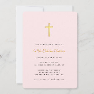 Simple Pink and Faux gold Cross Baptism Invitation