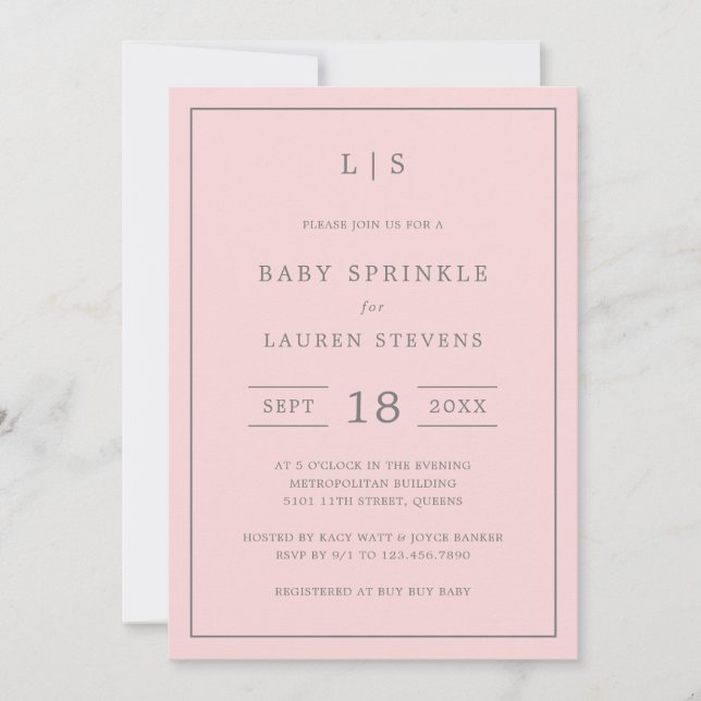 Simple Pink and Grey Monogram Girl Baby Sprinkle Invitation (Front)