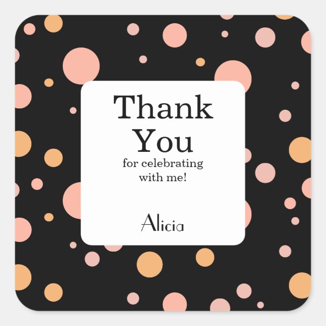 Simple Pink And Peach Polka Dot Black Thank You Square Sticker (Front)