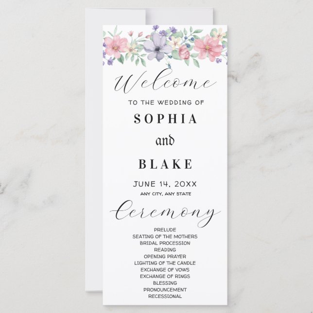 Simple Pink and Purple Floral Wedding Program (Front)