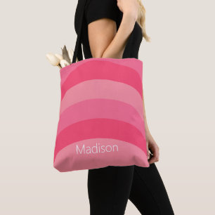 Simple Pink and White Curved Stripes with Name Tote Bag