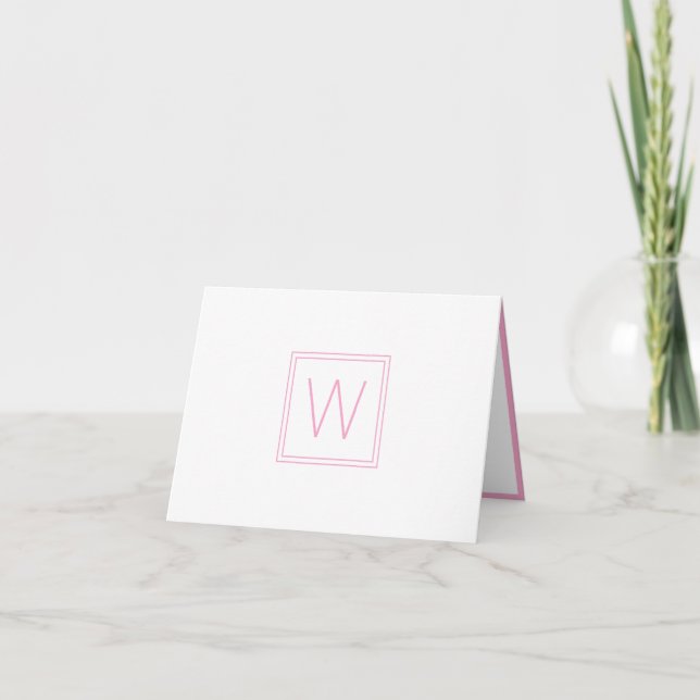 Simple Pink and White Monogram Note Card (Front)