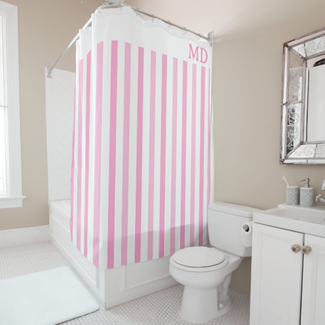 Simple Pink and White Striped Initial Shower Curtain (In Situ)