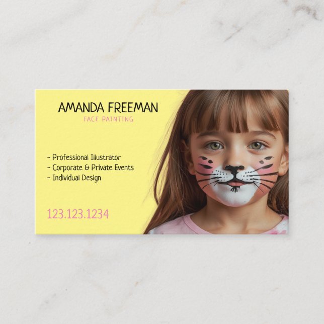 Simple Pink and Yellow Kid Face Painting Business Card (Front)