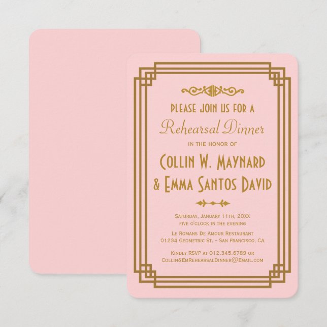Simple Pink Art Deco Rehearsal Dinner Invites (Front/Back)
