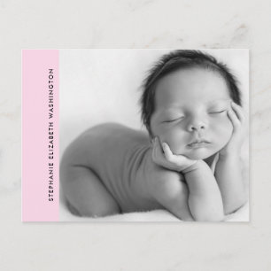 Simple Pink Baby Birth B/W Photo Announcement Postcard