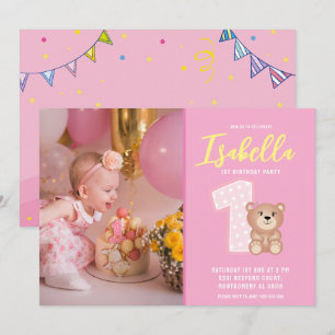 Simple Pink Baby Girl First Birthday Photo Invitation