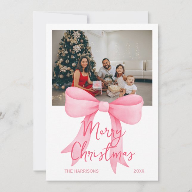 Simple Pink Big Bow Photo Christmas Holiday Card (Front)