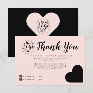 Simple Pink Black Heart Logo Customer Thank You Card