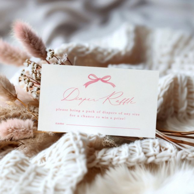 Simple Pink Bow Diaper Raffle Baby Shower Enclosure Card (Simple pink bow diaper raffle baby shower invitation enclosure cards.)