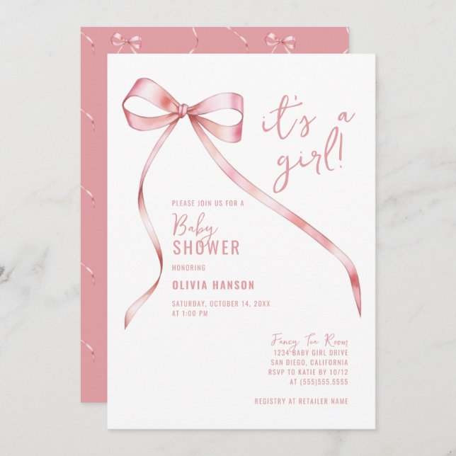 Simple Pink Bow Girl Baby Shower Invitation (Front/Back)