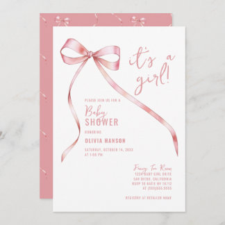 Simple Pink Bow Girl Baby Shower Invitation