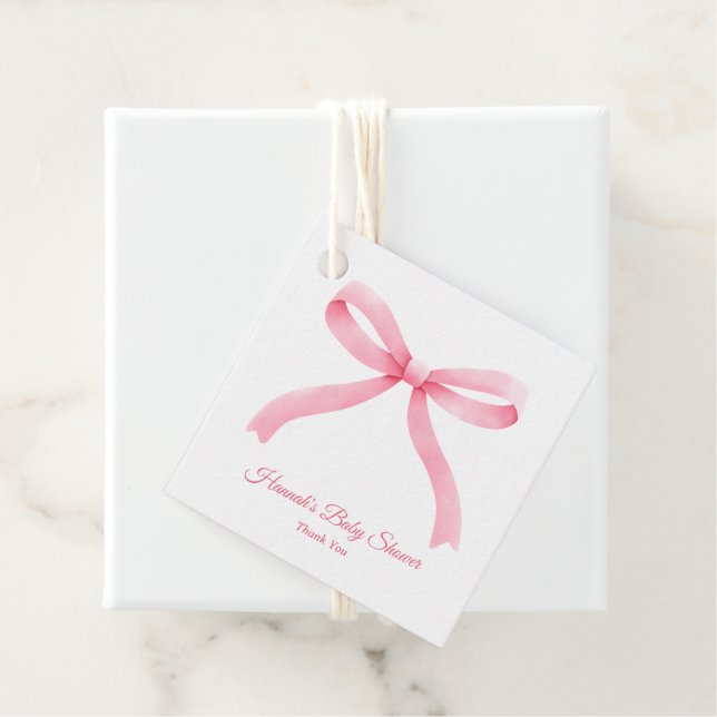 Simple Pink Bow Girly Baby Shower Favour Tag (In Situ)