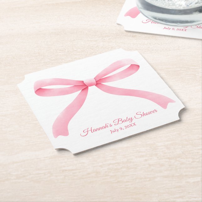 Simple Pink Bow Girly Baby Shower Paper Coaster (Angled)