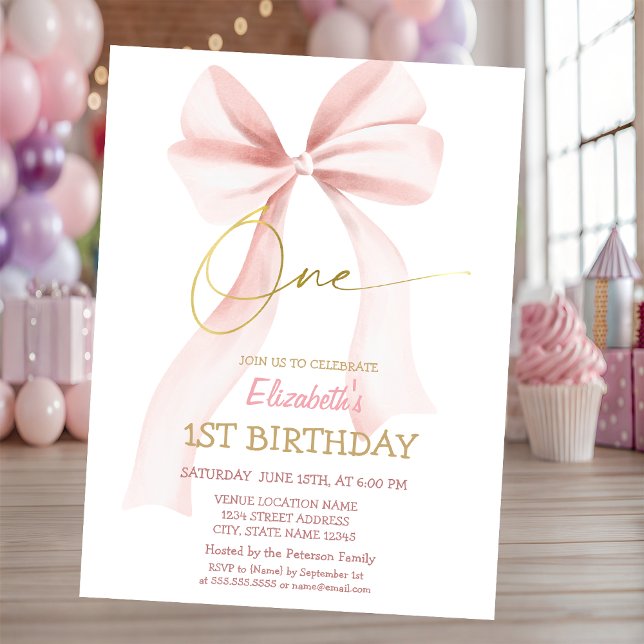 Simple Pink Bow Pink Striped 1st Birthday  Invitation (Creator Uploaded)