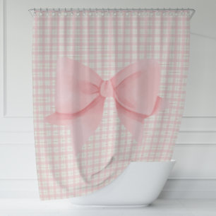 Simple Pink Bow Plaid Farmhouse  Shower Curtain