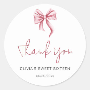 Simple Pink Bow Script Sweet Sixteen Thank You Classic Round Sticker
