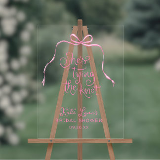 Simple Pink Bow Tying the Knot Bridal Shower Acrylic Sign