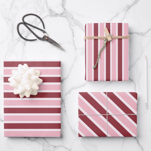 Simple Pink Burgundy Stripes Christmas Wrapping Paper Sheet (Front)
