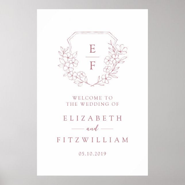 Simple Pink Cherry Blossom Monogram Crest Welcome  Poster (Front)