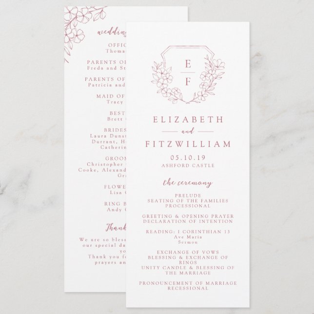 Simple Pink Cherry Blossom Monogram Wedding Programme (Front/Back)