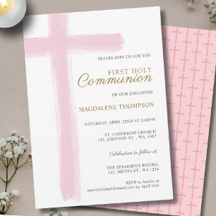 Simple Pink Cross Girl First Holy Communion Invitation