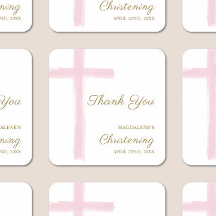Simple Pink Cross Thank You Christening Baptism Square Sticker