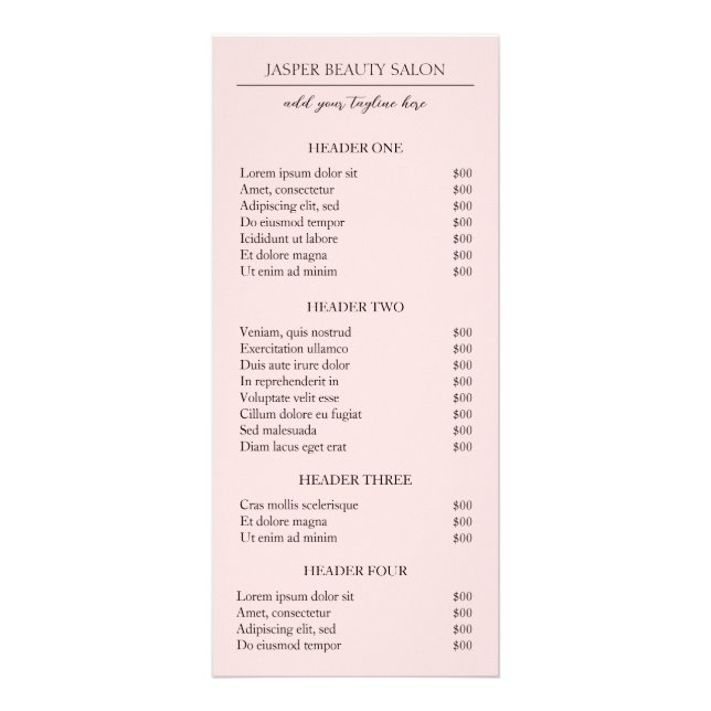 Simple Pink Elegant Minimal Price List Modern Rack Card (Front)