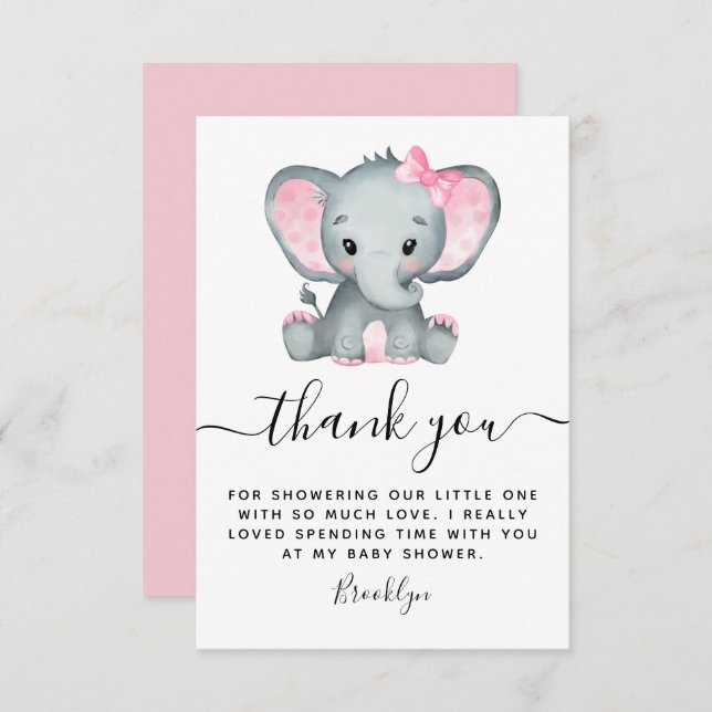Simple Pink Elephant Baby Shower  Thank You Card (Front/Back)