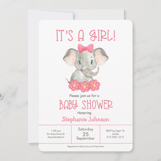 Simple Pink Elephant Girl Watercolor Baby Shower Invitation (Front)